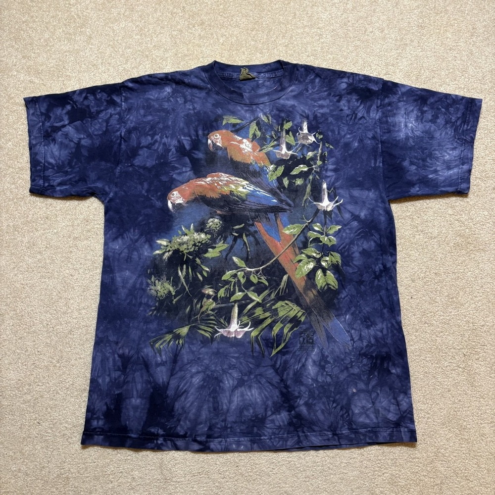 Vtg 90s The Mountain Shirt Mens XL Blue Tie Dye Parrot Macaw Birds‎ Graphic Tee